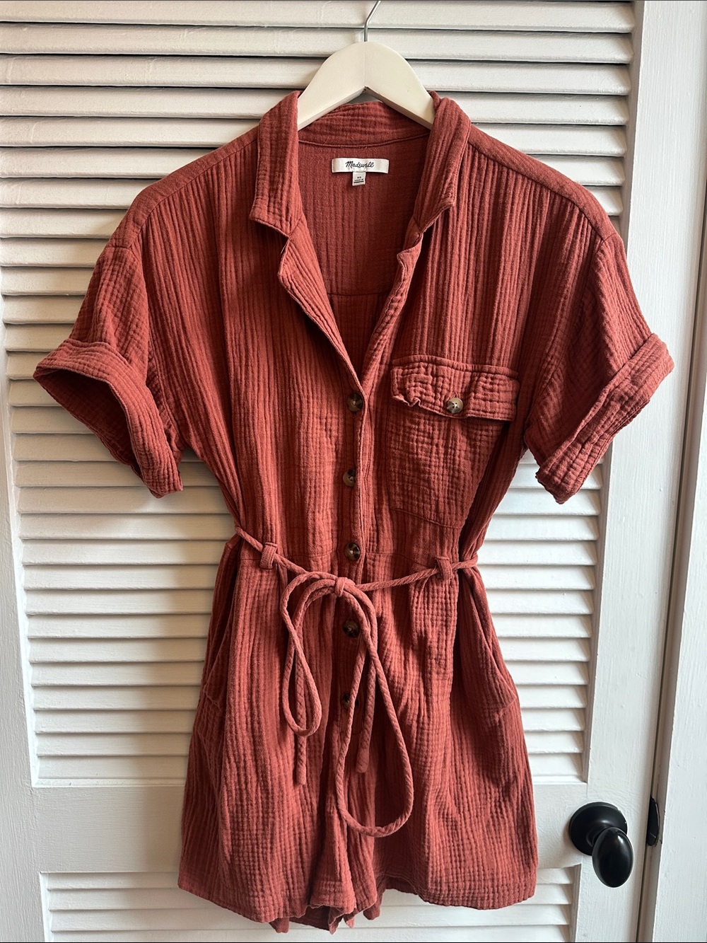 Madewell Rust Gauze Button-Front Romper with Tie Waist